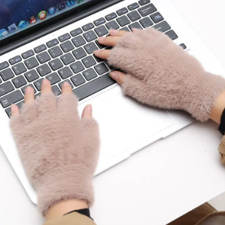 Girls Soft Plush Half Finger Gloves | Warm Fuzzy Fingerless Winter Gloves -red