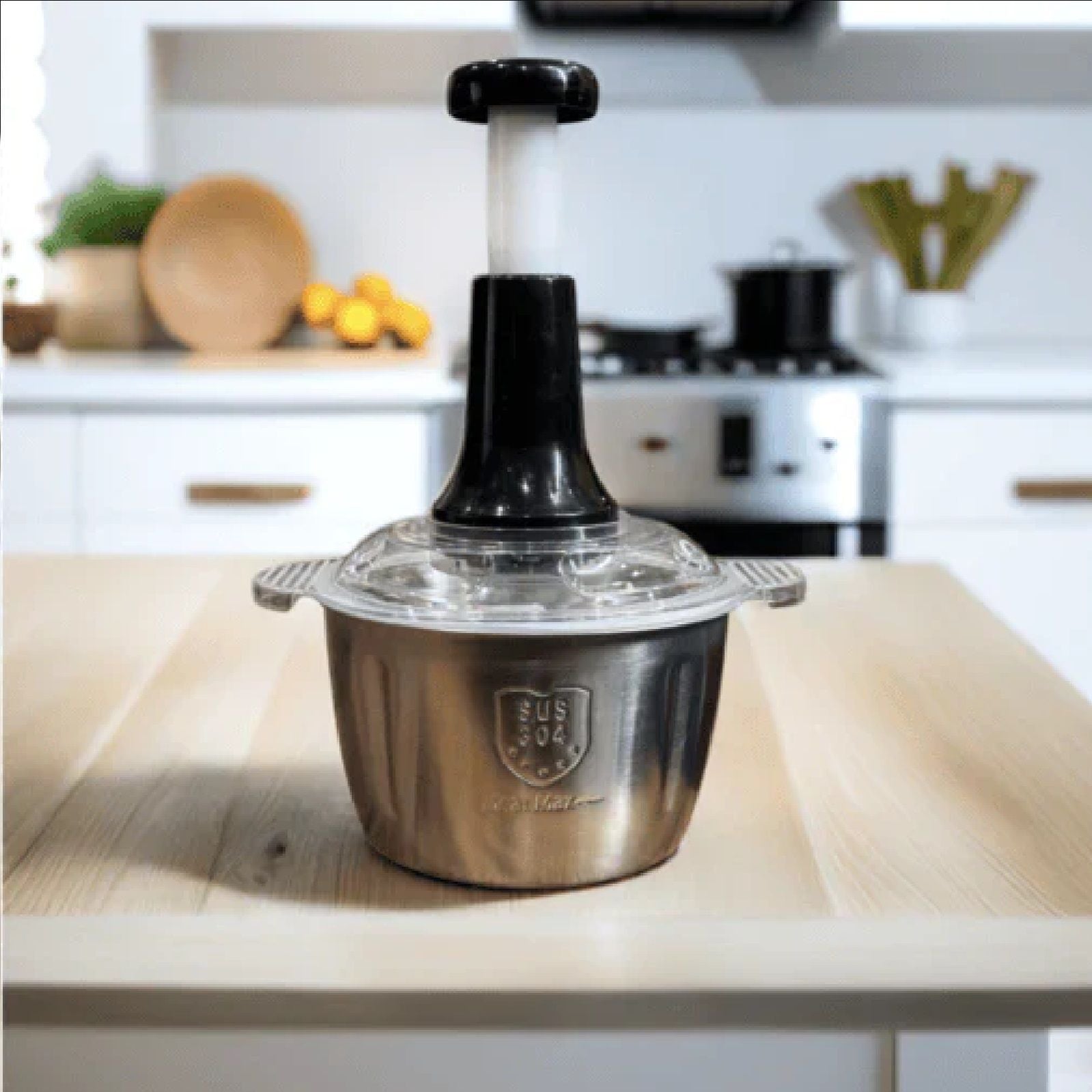 2 Litre 4 Blades Meat and Vegetable Manual Push Chopper with Stainless Steel Bowl