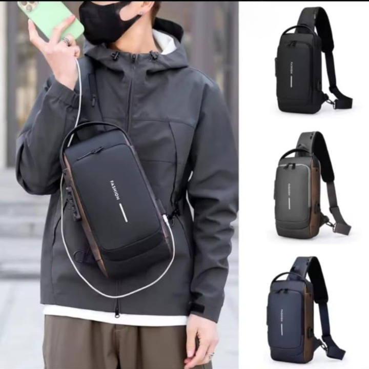 Fashion Men Sling Bag Pack with Lock Waterproof Anti-Theft Chest Bag with USB Charging Port Shoulder Bag Body Backpack with TSA Lock (Random Color)